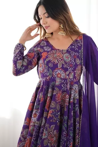 Purple romansilk with print kediya with palazzo suit