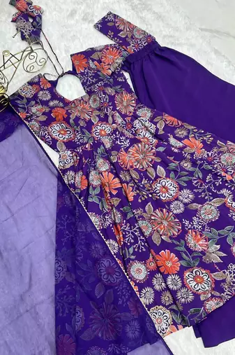 Purple romansilk with print kediya with palazzo suit