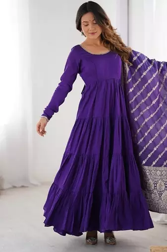 Purple roman silk chanderi with fully flair anarkali pant with dupatta