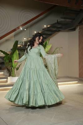 Pista roman silk chanderi with fully flair anarkali pant with dupatta 3