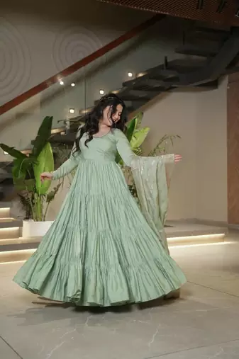 Pista roman silk chanderi with fully flair anarkali pant with dupatta