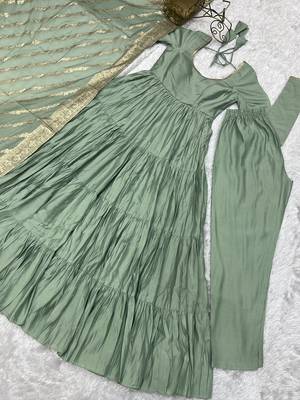 Pista roman silk chanderi with fully flair anarkali pant with dupatta 4