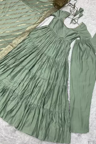 Pista roman silk chanderi with fully flair anarkali pant with dupatta
