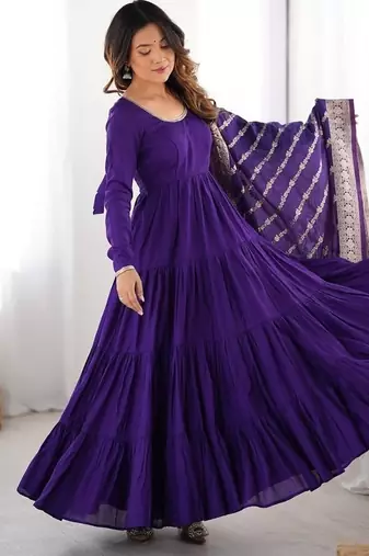Purple roman silk chanderi with fully flair anarkali pant with dupatta