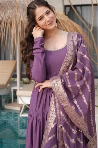 Mauve roman silk chanderi with fully flair anarkali pant with dupatta