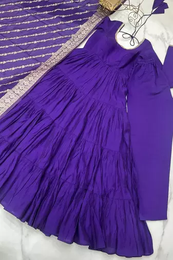 Purple roman silk chanderi with fully flair anarkali pant with dupatta