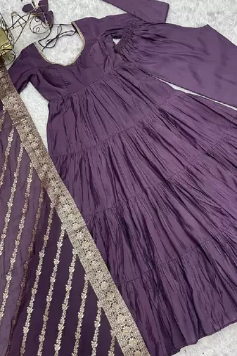 Mauve roman silk chanderi with fully flair anarkali pant with dupatta