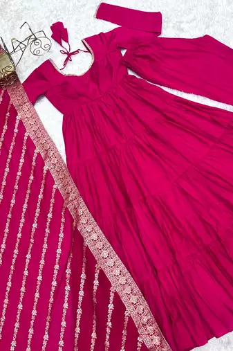 Ranipink roman silk chanderi with fully flair anarkali pant with dupatta