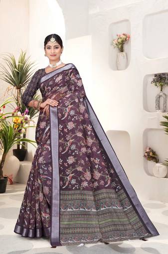 Dark coffee digital print linen saree with unstitched blouse