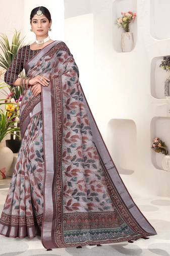 Chiku digital print linen saree with unstiched blouse