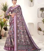 Coffee multi digital print linen saree with unstitched blouse