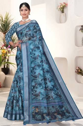 Dusty blue digital print linen saree with unstitched blouse