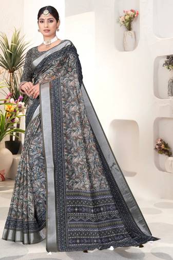 Green digital print linen saree with unstitched blouse