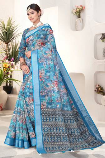 Sky blue digital print linen saree with unstiched blouse