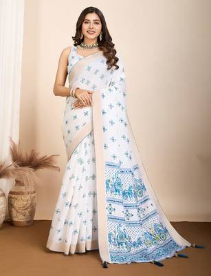 White light tone cotton with table print saree 1