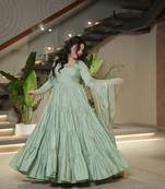 Pista roman silk chanderi with fully flair anarkali pant with dupatta