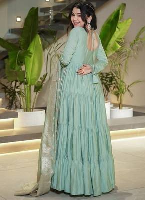Pista roman silk chanderi with fully flair anarkali pant with dupatta 5