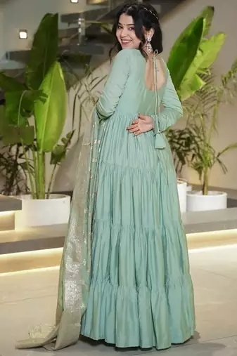 Pista roman silk chanderi with fully flair anarkali pant with dupatta