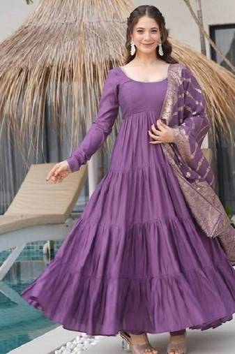 Mauve roman silk chanderi with fully flair anarkali pant with dupatta