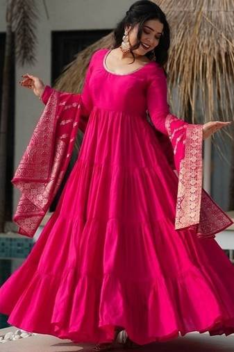 Ranipink roman silk chanderi with fully flair anarkali pant with dupatta