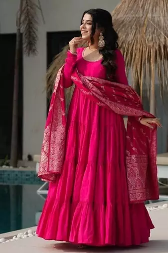 Ranipink roman silk chanderi with fully flair anarkali pant with dupatta