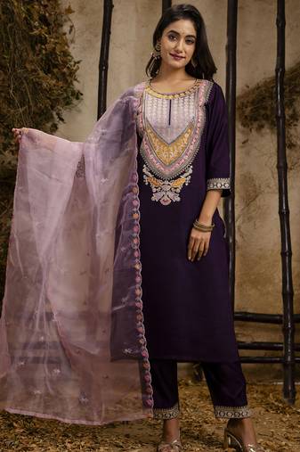 Violet viscose reyon embroidered salwar suit