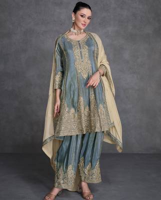 Grey embroidered  sequins & mirrar work organza silk anarkali palazzo suit - full stitched suit 1