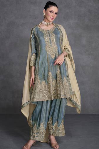 Grey embroidered , sequins & mirrar work organza silk anarkali palazzo suit - full stitched suit