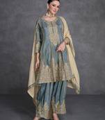 Grey embroidered  sequins & mirrar work organza silk anarkali palazzo suit - full stitched suit