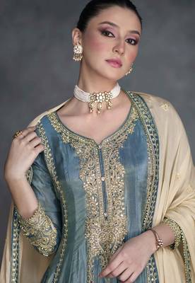 Grey embroidered  sequins & mirrar work organza silk anarkali palazzo suit - full stitched suit 2