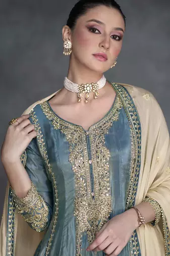 Grey embroidered  sequins & mirrar work organza silk anarkali palazzo suit - full stitched suit