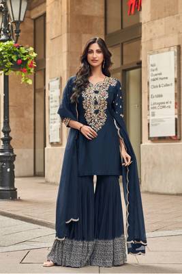 Blue embroidery & sequins work silk straight sharara suit - full stitched suit 1