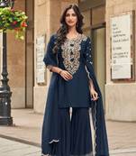 Blue embroidery & sequins work silk straight sharara suit - full stitched suit