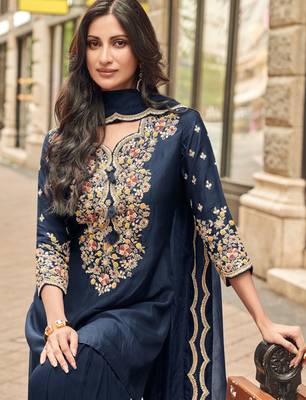 Blue embroidery & sequins work silk straight sharara suit - full stitched suit 2