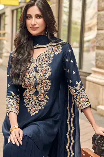 Blue embroidery & sequins work silk straight sharara suit - full stitched suit