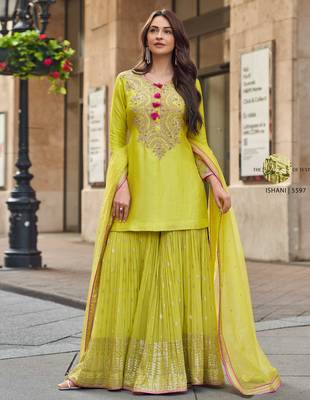 Olive yellow embroidery & sequins work silk straight sharara suit - full stitched suit 1