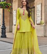 Olive yellow embroidery & sequins work silk straight sharara suit - full stitched suit