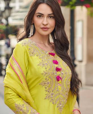 Olive yellow embroidery & sequins work silk straight sharara suit - full stitched suit 2