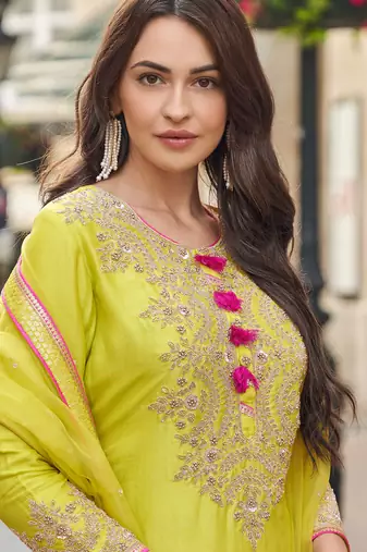 Olive yellow embroidery & sequins work silk straight sharara suit - full stitched suit