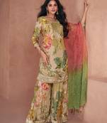 Beige embroidery,print & sequins work chinnon silk straight palazzo suit - full stitched suit