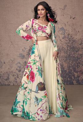 White embroidery, print & sequins work crep silk blouse palazzo with jacket suit - full stitched suit 1