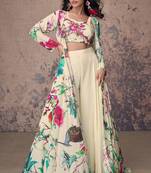 White embroidery, print & sequins work crep silk blouse palazzo with jacket suit - full stitched suit