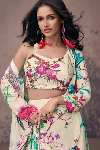 White embroidery, print & sequins work crep silk blouse palazzo with jacket suit - full stitched suit