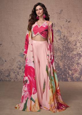Pink embroidery print & sequins work crep silk blouse palazzo with jacket suit - full stitched suit 1
