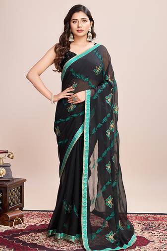 Aqua georgette floral embroidered saree