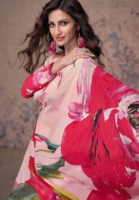 Pink embroidery print & sequins work crep silk blouse palazzo with jacket suit - full stitched suit 2