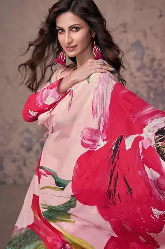 Pink embroidery print & sequins work crep silk blouse palazzo with jacket suit - full stitched suit