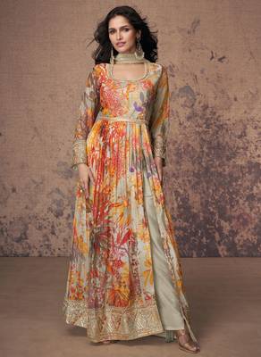 Beige embroidery print & sequins work georgette anarkali pant suit - full stitched suit 1
