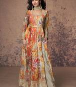 Beige embroidery print & sequins work georgette anarkali pant suit - full stitched suit