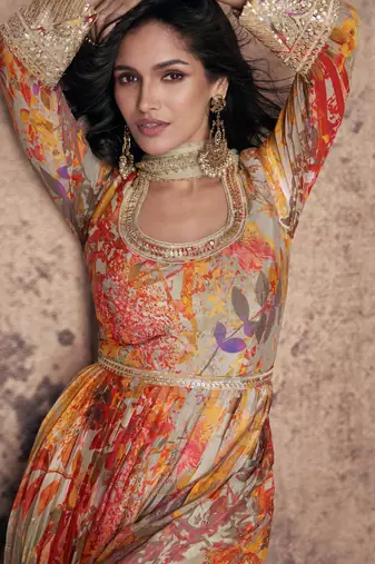 Beige embroidery print & sequins work georgette anarkali pant suit - full stitched suit